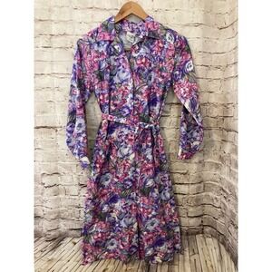 Vintage Nancy Frock Shirt Dress Womens 12WP Purple Floral Watercolor Midi Pocket